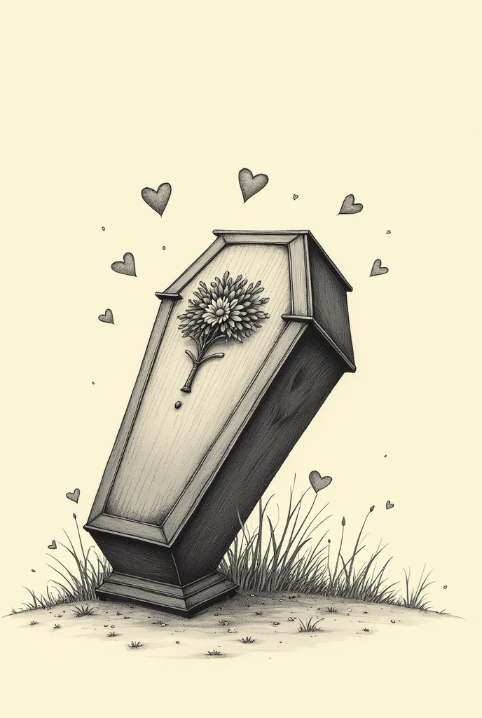 A drawing of a coffin on the left side with flowers and little hearts on top on a plain Tim Burton style background to one side of the image