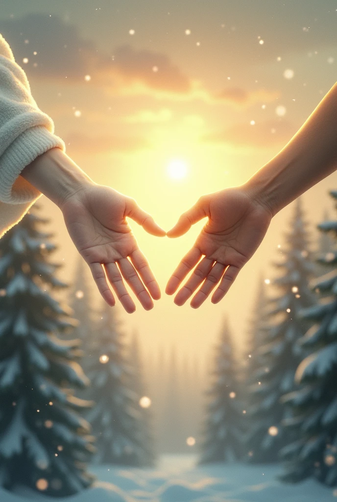 Book cover with TWO hands (sex is not identified) trying to touch each other in Heaven (There is a light sunset behind and several snowflakes falling in the distance, Below is a pine forest full of snow), a white hand (the one above) and the other brown hand ( the one below) hands are NOT at the sides and without clothing