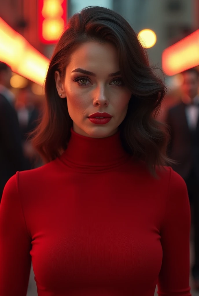 photo of extremely sexy (natal33:0.99), a woman as a movie star, (backcombed hair) 80s style, modelshoot style, (extremely detailed CG unity 8k wallpaper), photo of the most beautiful artwork in the world, professional majestic oil painting by Ed Blinkey, Atey Ghailan, Studio Ghibli, by Jeremy Mann, Greg Manchess, Antonio Moro, trending on ArtStation, trending on CGSociety, Intricate, High Detail, Sharp focus, dramatic, photorealistic painting art by midjourney and greg rutkowski, (red turtleneck top:1.2), ((movie premiere)), ((standing near a movie theater)), ((paparazzi in the background)), (looking at viewer:1.2), (detailed pupils:1.3), (hands on hips), closeup portrait