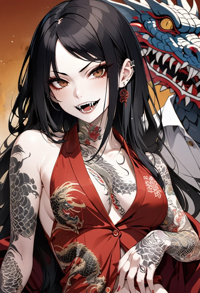 Yakuza anime girl, sexy, sexy brown eyes, silver fangs, yakuza dragon tattoos all over the body, pale skin and long black hair