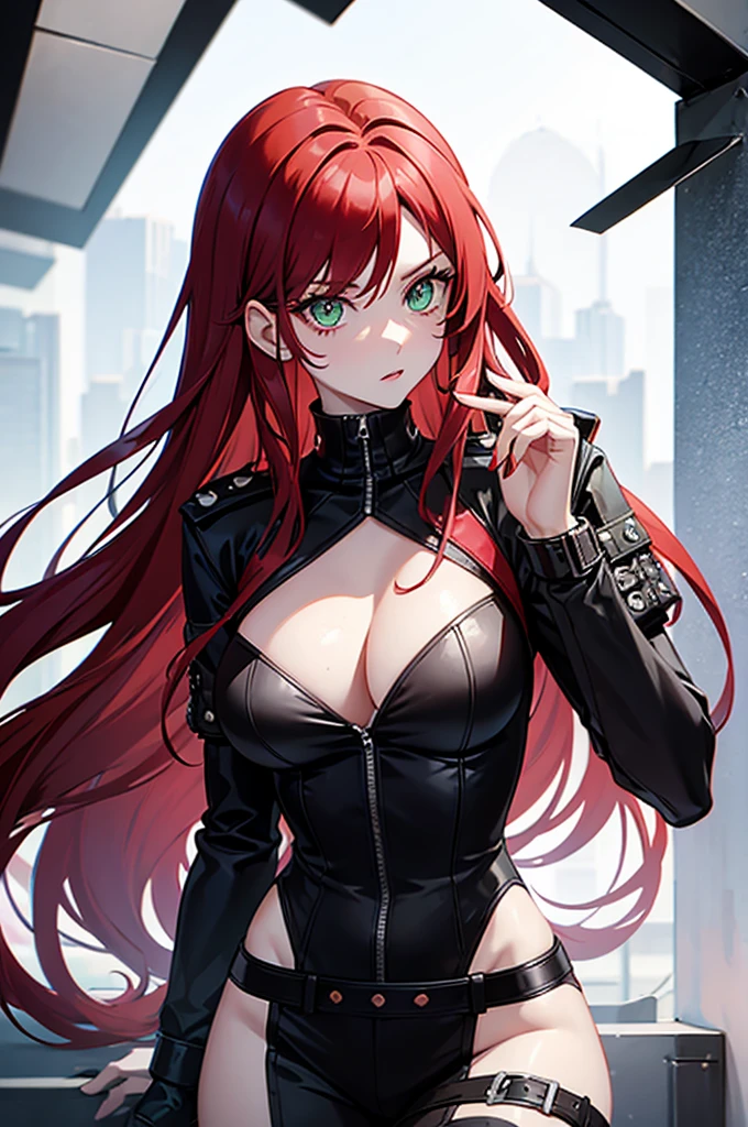 Woman punk long red hair green eyes big breast apocalypse