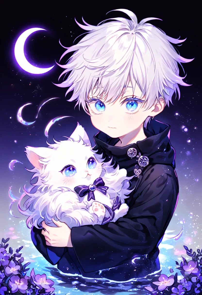 absurdres, highres, ultra detailed, HDR, master piece, Gojou Satoru as a little kid, white hair with bangs, expressive blue eyes, black clothes, Jujutsu Kaisen, holding a white fluffy cat, cute boy, adorable, best quality, purple glittering crescent moon, purple flowers, fantasy, magical, solo, water, purple shining fireflies, purple petals, purple fire,