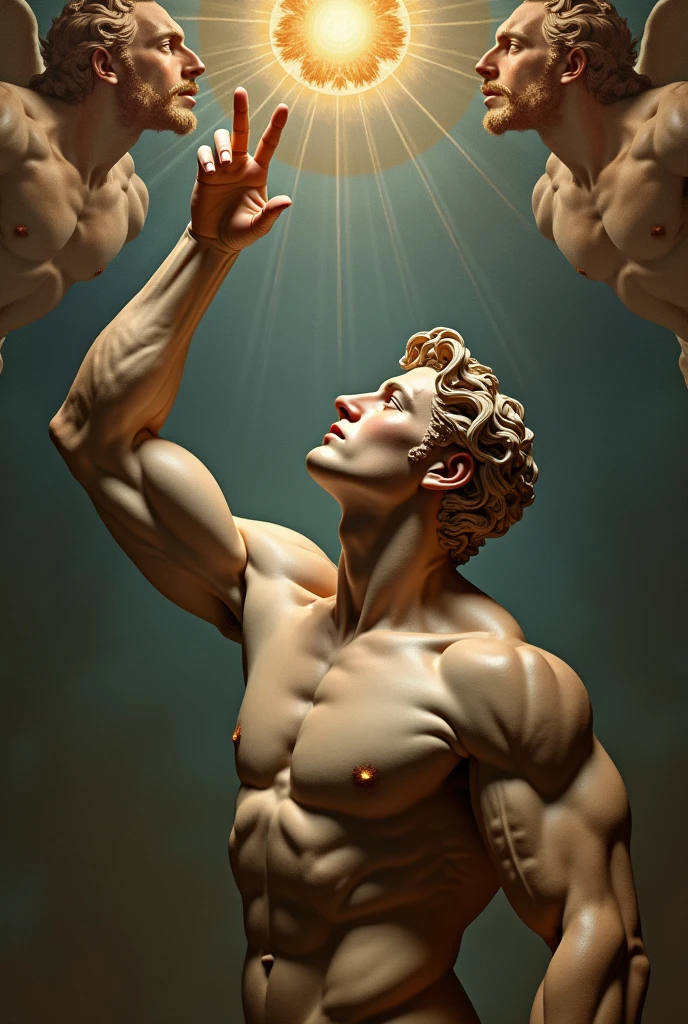 Create a profile image for WhatsApp focused on bodybuilding and training in the style of a Greek statue with the profile in the style of Leonardo da Vinci&#39;s painting - Creation of Adam, inserting a third element, a man coming from below in the most perfect physical shape, aesthetic and defined, almost touching its finger with that of the Creator and Adam.