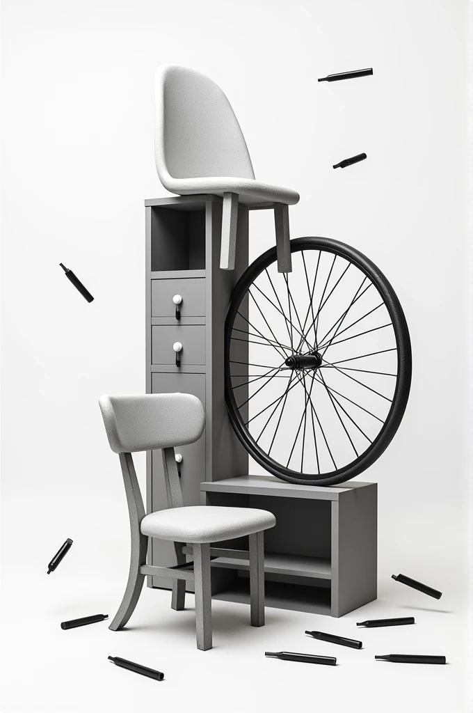 Create abstract art with these materials: chair without seat, cabinet without door, 10 black pens and 1 bicycle wheel