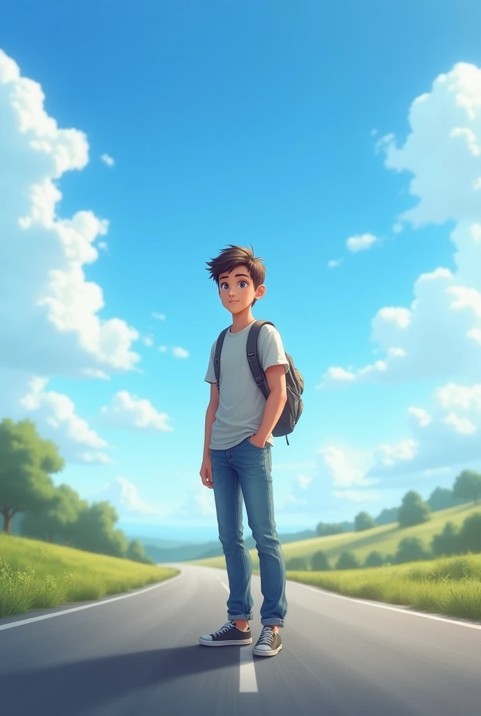 22 years old young man standing on the road with the sky behind him in realistic casual clothes