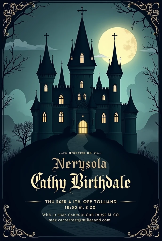 Make me a birthday invitation with a gothic castle theme it starts at 7pm death to my 20s