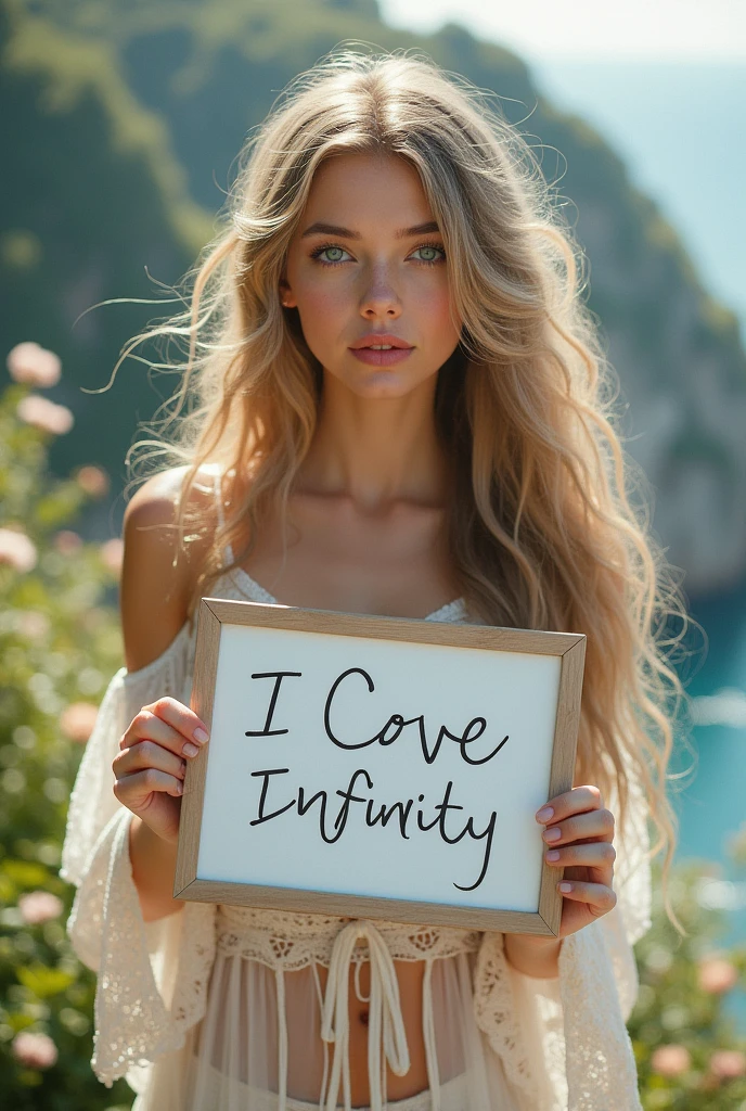 Beautiful girl with wavy long hair, bohemian dress, holding a white board with text "I Love Seaart Infinity" and showing it to the viewer