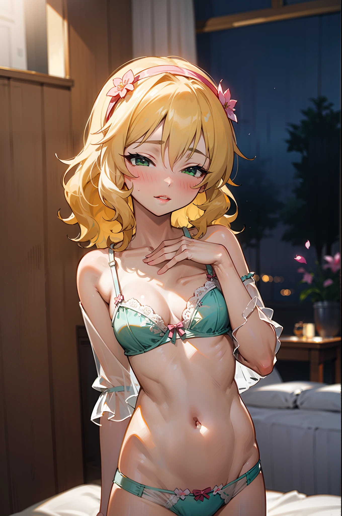 masterpiece,Highest quality, Very detailed,One girl(Sakurai Momoka, Nice small breasts, Wavy Hair,Blonde, head band, Pink flowers in the hair,Green Eyes, Half-closed eyes), Seductive face, Lips parted, nose blush, blush, In-person audience , View your viewers, alone, See-through nightgown, In the bedroom,  at night, Are standing, Seduce your sexy waist  (panties), (bra), (In underwear), (Flashy underwear), (lingerie), 