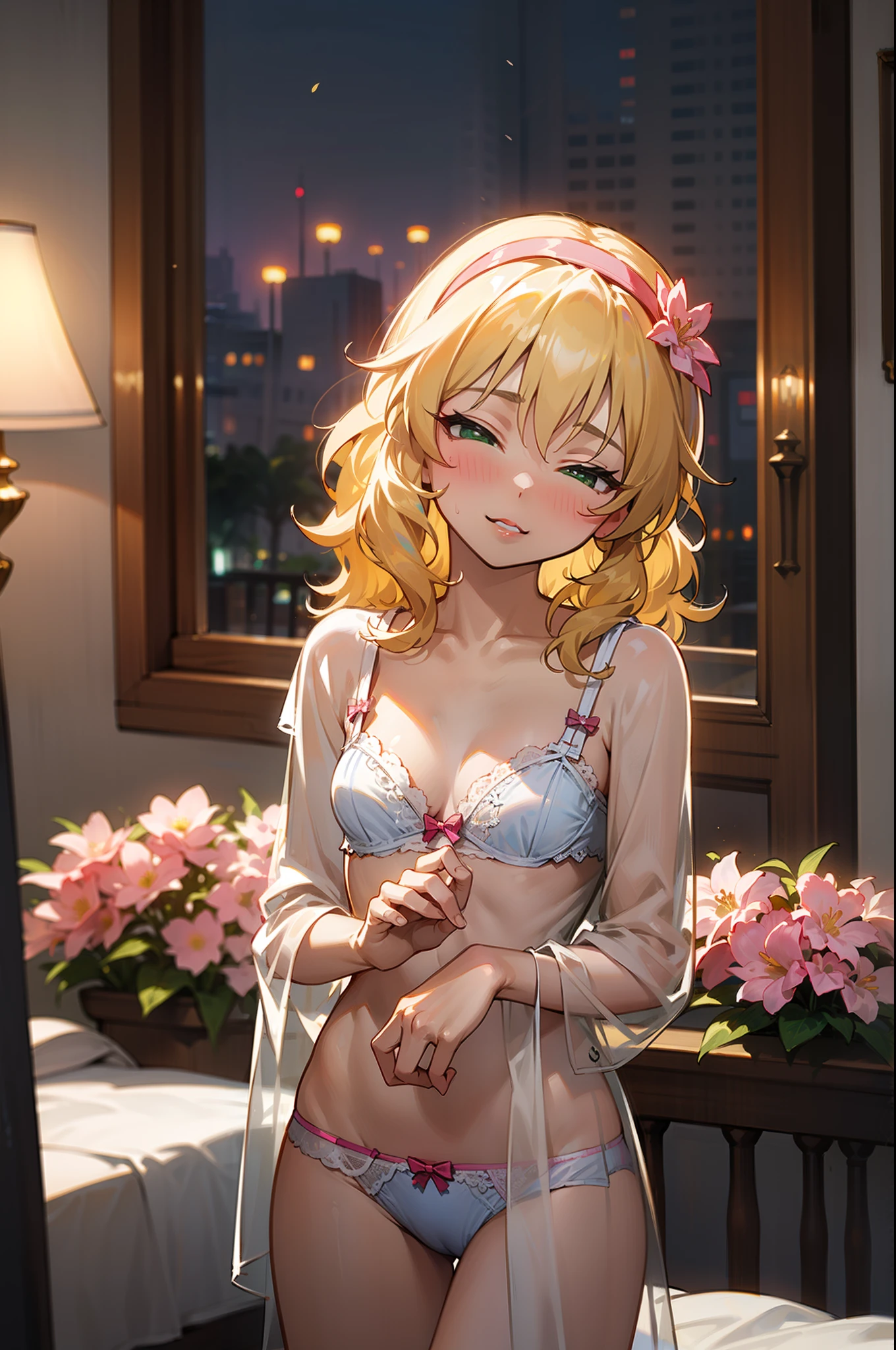 masterpiece,Highest quality, Very detailed,One girl(Sakurai Momoka, Nice small breasts, Wavy Hair,Blonde, head band, Pink flowers in the hair,Green Eyes, Half-closed eyes), Seductive face, Lips parted, nose blush, blush, In-person audience , View your viewers, alone, See-through nightgown, In the bedroom, at night, Are standing, Seduce your sexy waist (panties), (bra), (In underwear), (Flashy underwear), (lingerie),
