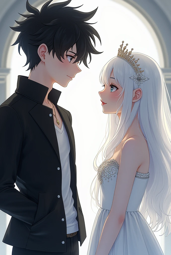 Generate a handsome boy, spiky black hair, black eyes wearing a black jacket , light smile in front of a girl shorter than him , white, white hair, wearing a white dress with a crystal clear eye veil and a crystal tiara