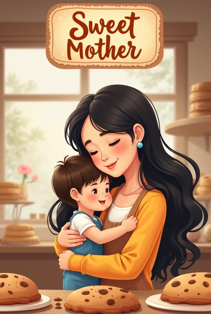 Biscuit shop logo, a young mother with long black hair holding a baby boy in a cookie shop with the name of the shop written at the top "Sweet Mother"