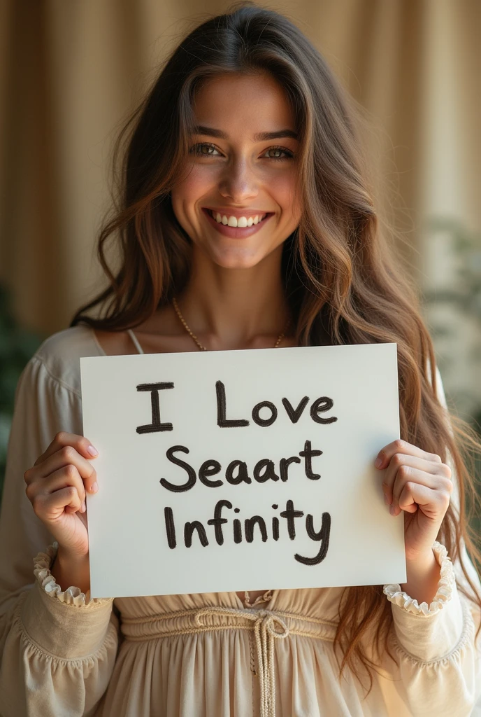 Beautiful girl with wavy long hair, bohemian dress, holding a white board with text "I Love Seaart Infinity" and showing it to the viewer