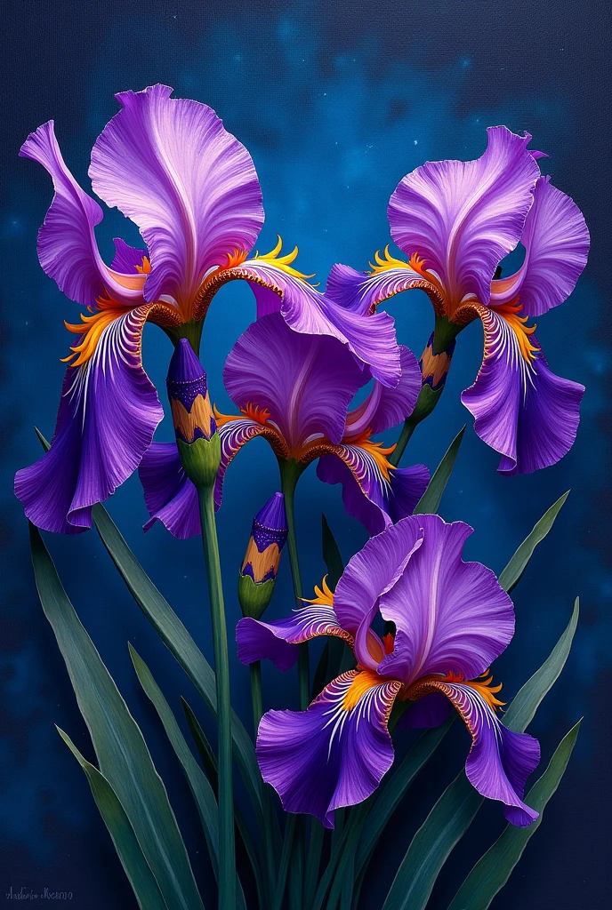 Irises in Bloom" - a vibrant purple expressive irises in shades of blue and yellow. Background stary night make textile designs in repeat in paintings textured make cusion design