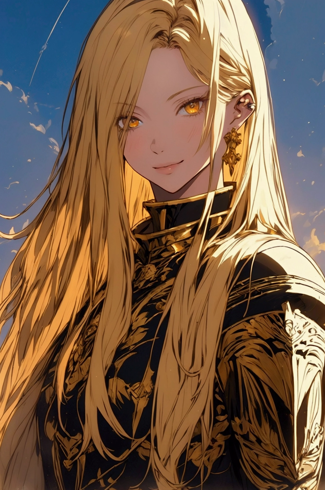 (masterpiece:1.4), (best qualit:1.4), (high resolution:1.4), , knight, female, golden hair, golden eyes, scars on face, smirk, portrait, outside grassy landscape, royal knight, wearing white golden armor,