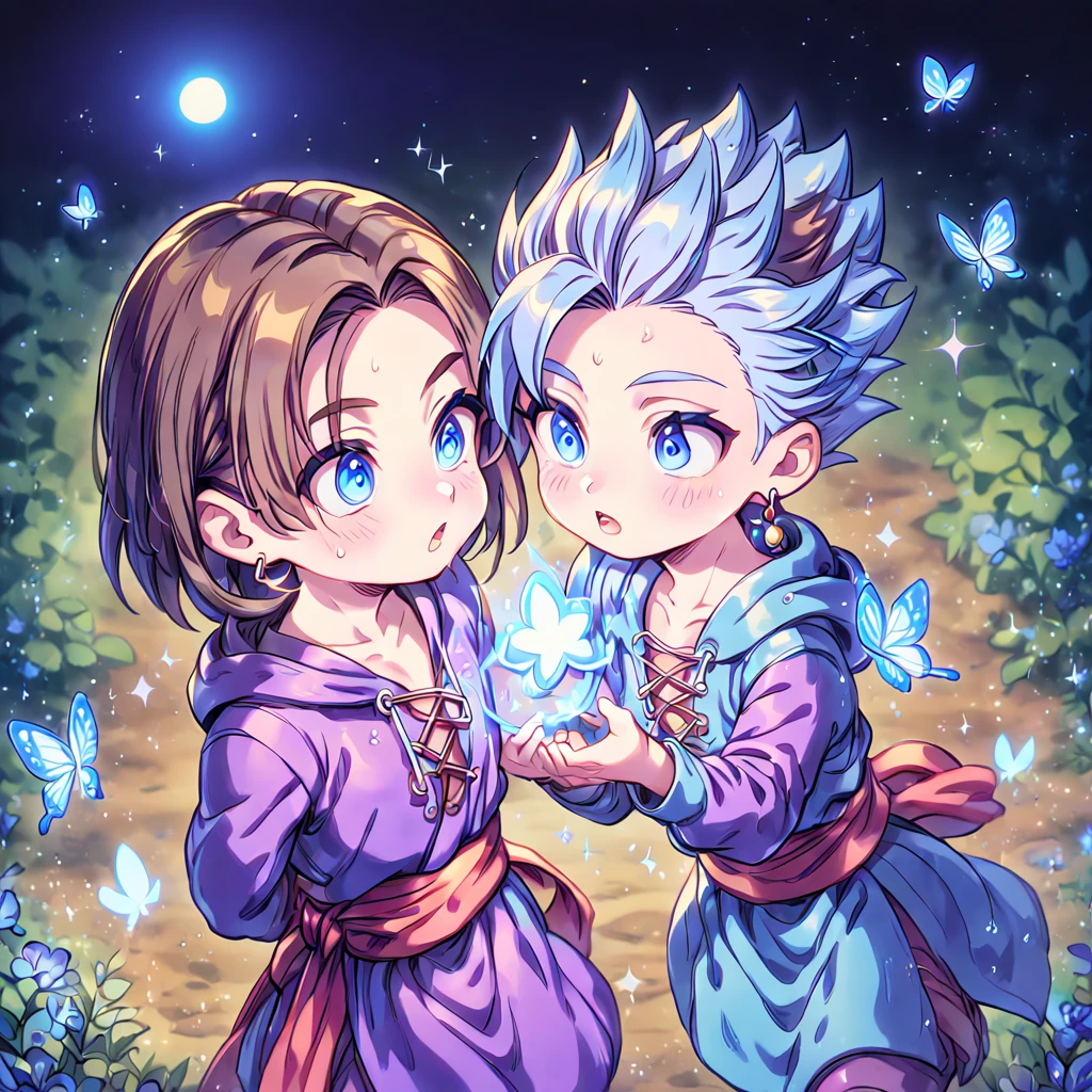 absurdres, highres, ultra detailed, HDR, master piece, best quality, extremely detailed, Erik as , light-blue hair, hair slicked up, spiked hair, expressive blue eyes, Dragon Quest XI, Luminary as a kid, wn hair, expressive blue eyes, two boys together, yaoi, gay couple, cute, hooded dark green tunic with lacing that exposes his chest, a red sash tied around his waist, golden earring, purple tunic, fantasy, magic, sparkling, blue moon, blue flowers, blue butterflies, blue petals, garden