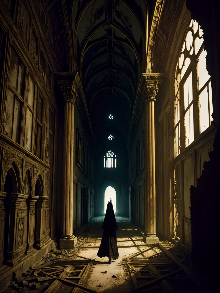 close up view of a (sks woman:1) walking inside an abandoned castle, horror, intricate details, high contrast, (artwork by Beksinski, methurlant),