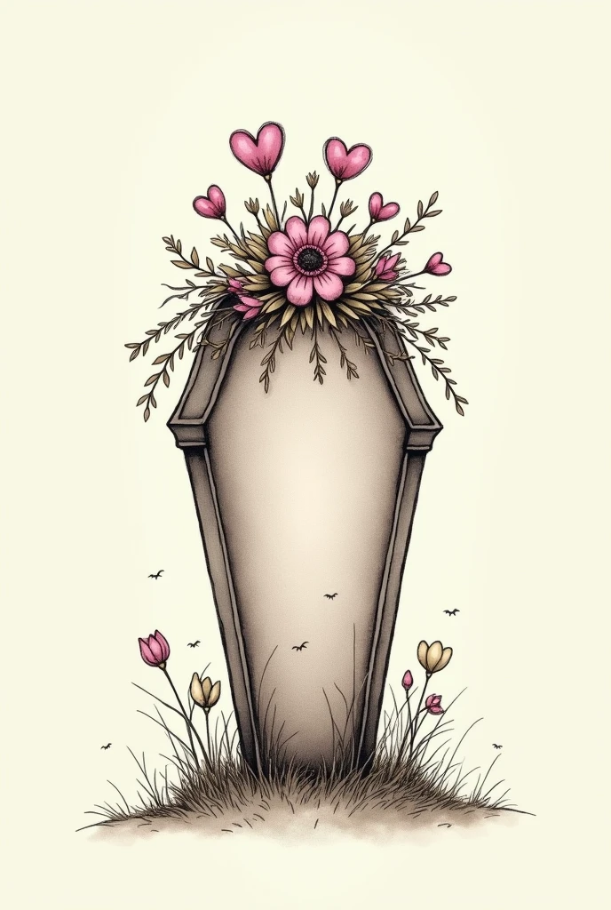 A drawing of a coffin on the left side with flowers and little hearts on top on a plain Tim Burton style background to one side of the image