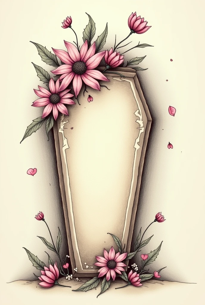 A drawing of a coffin on the left side with flowers and little hearts on top on a plain Tim Burton style background to one side of the image