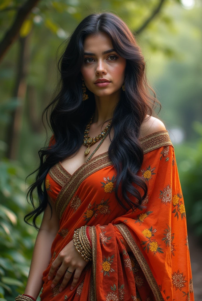 beautiful girl with long wavy hair, Bohemian dress, in saree with blouse, main, big and voluminous breasts in clothes serious and seductive look... 