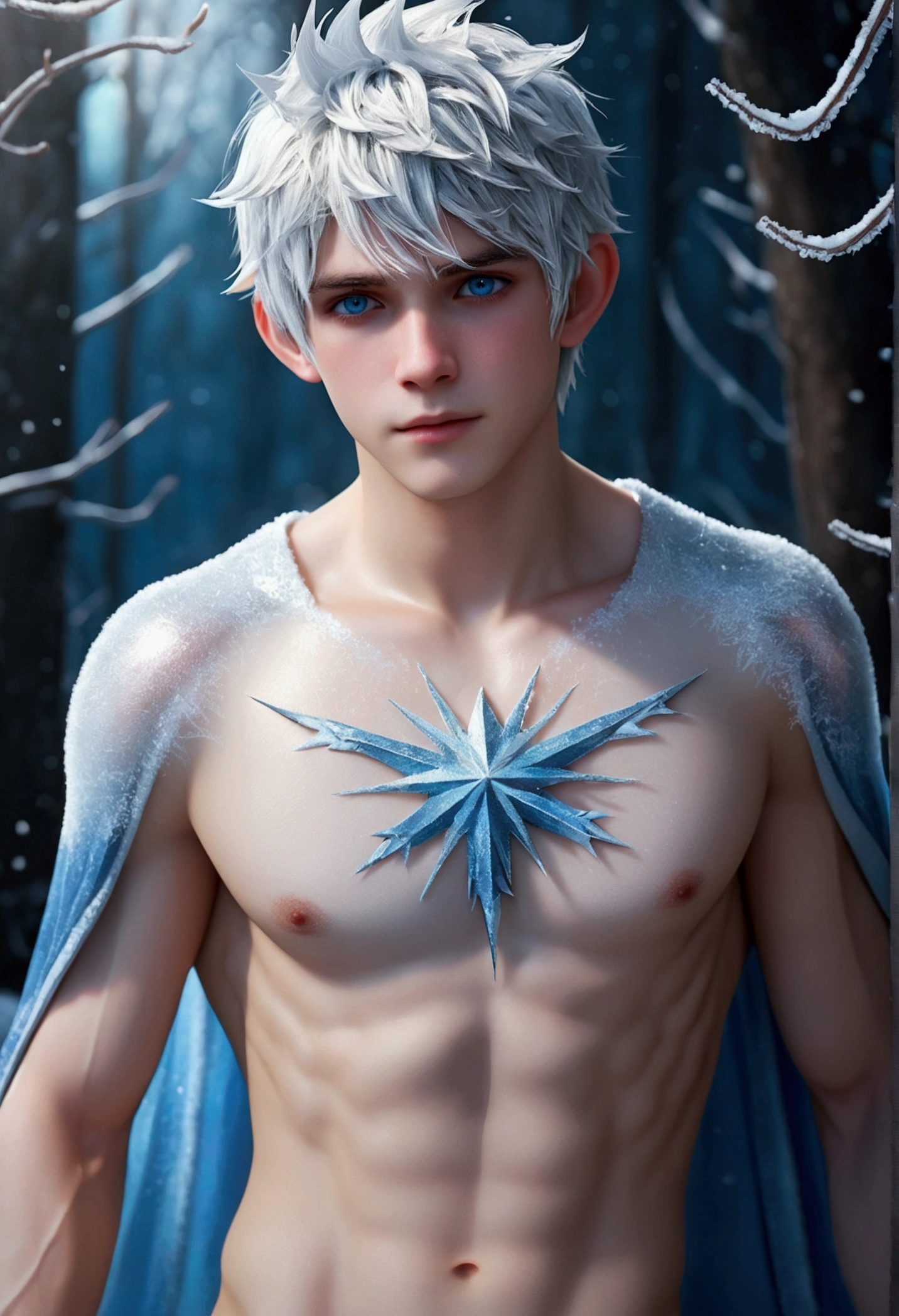 (Jack Frost: 1.6), full full body shots photorealistiic young man, fairy prince , 18 years old, milk white skin, blue eyes, white hair, shirtless, 6-pax abs, (full body shot), young boy, 18 years old, beutiful, perfect, milk white skin, handsome and ver hunky body, very detailed blue eyes, very pale skin, barefoot in a snow forest, winter , white sparkling wing, . (masterpiece:1.4, best quality), (intricate detail), Unity 8k wallpaper, Ultra Detailed, (abstract art:1.2), (Anato Finnstark style:1.3), boy from another dimension, a symphony of iridescent colors merging and shifting seamlessly, dynamic pose with rotating patterns of energy around you, a mix of determination and serenity in his expression, a general feeling of transcendence and exploration, consumed by inner darkness, empty waiting you, (Beautiful cosmic eyes), perfect lighting, perfect shading, (Children face), naked and nude