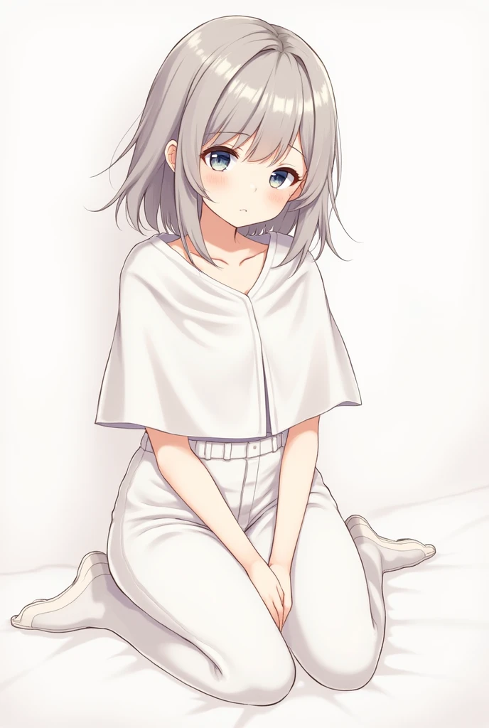 A young, cute, unadorned face、Height: 160cm、Slender、Whitening and beautiful skin、Sit on the floor with your legs slightly apart、White pants with pubic marks、Small breasts、A rectangular white silk cloth is draped over the shoulders, with the edge of the cloth covering the chest.、Fluffy anime style、The pants are white、The shape of her nipples is visible from under the fabric.、