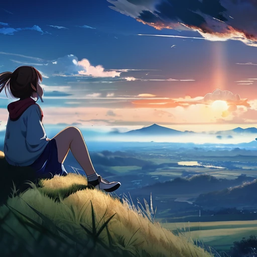 anime landscape of a girl&cute corgidog sitting on a hill with grasses with dark blue clouds, blue cere madder sky lightly big bell with few clouds, anime nature wallpapers, beautiful anime scene, beautiful anime peace scene, Makoto Shinkai Cyril Rolando, beautiful scene of anime, amazing wallpaper, anime art wallpaper 8k, anime background, art anime background, anime 4k wallpaper, anime art 4k wallpaper, anime art 4k wallpaper, prayer of requiem prayer of requiem