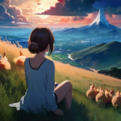 anime landscape of a girl＆cute corgidog sitting on a hill with grasses with dark blue clouds, blue cere madder sky  lightly big bell   with few clouds, anime nature wallpapers, beautiful anime scene, beautiful anime peace scene, Makoto Shinkai Cyril Rolando, beautiful scene of anime, amazing wallpaper, anime art wallpaper 8k, anime background, art anime background, anime 4k wallpaper, anime art 4k wallpaper, anime art 4k wallpaper,  prayer of requiem  prayer of requiem