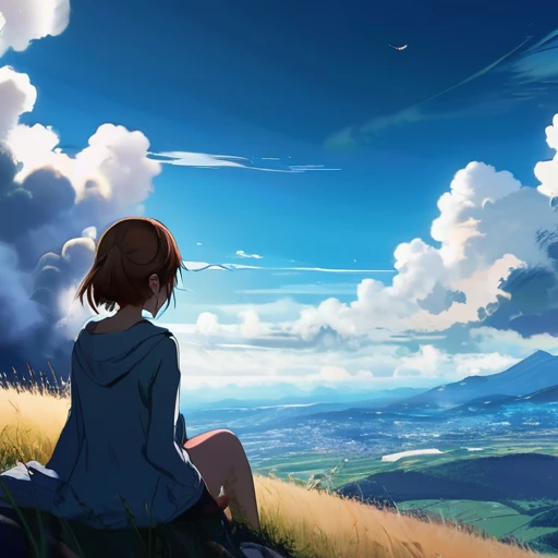 anime landscape of a girl&cute corgidog sitting on a hill with grasses with dark blue clouds, blue cere madder sky lightly big bell with few clouds, anime nature wallpapers, beautiful anime scene, beautiful anime peace scene, Makoto Shinkai Cyril Rolando, beautiful scene of anime, amazing wallpaper, anime art wallpaper 8k, anime background, art anime background, anime 4k wallpaper, anime art 4k wallpaper, anime art 4k wallpaper, prayer of requiem prayer of requiem