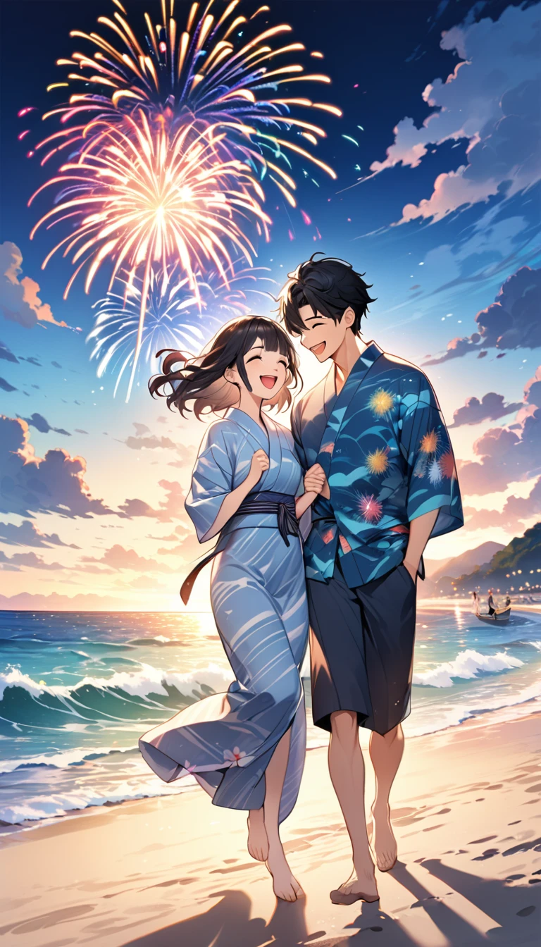 High resolution、high quality、Ultra HD、animation、An illustration、firework、Ocean、Wave、Sandy Beach、colorful、A young couple wearing yukata、Black Hair、looks happy、Hand in hand、seems to be happy、Excited、smile、