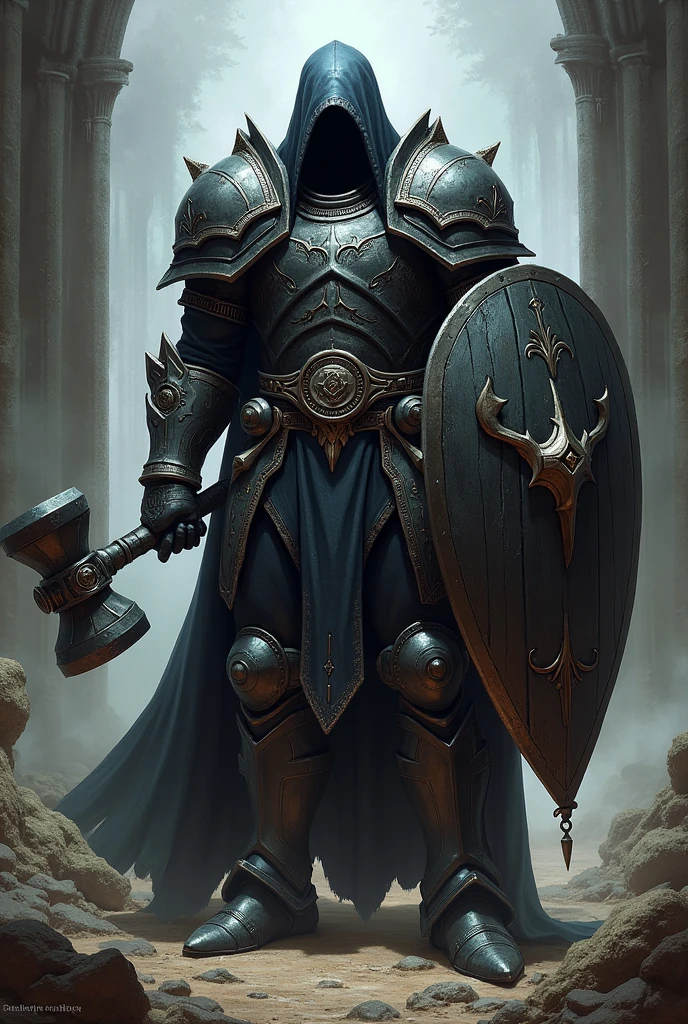Half-Drow in heavy armor with hammer and shield