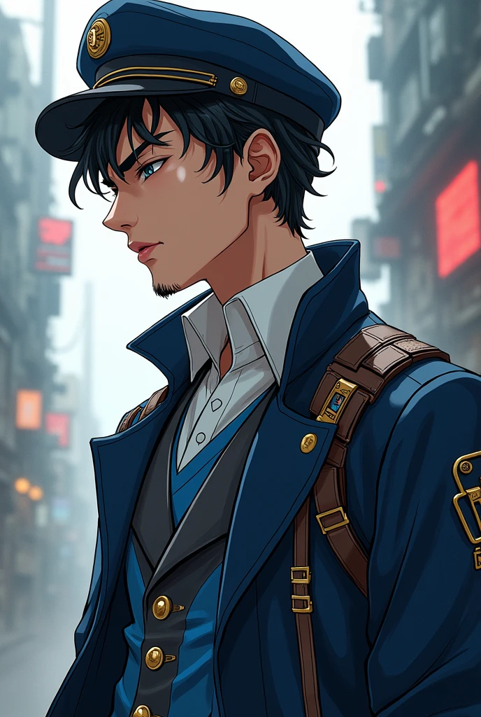 A young man with black hair and beard, white  shirt , dark blue overcoat, blue and black beret, blue chest and shoulder pads. In steampunk anime style 