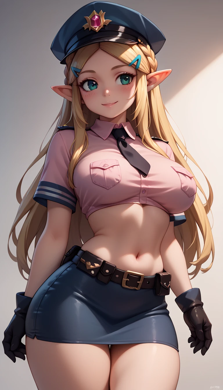 High resolution, Very detailed, perfect lighting, beautiful detailed eyes, ((masterpiece,Best Quality)), absurdities, alone, princess zelda, by the width, crown braid, Hair clip, pointy ears, Gloves without fingers, black gloves, smile, curves, nod, , deep neckline, deep neckline, sexy pink police costume, touching her breasts in a sexy way, close up, looking ahead, tight short skirt, pink cropped fitted shirt, police hat 