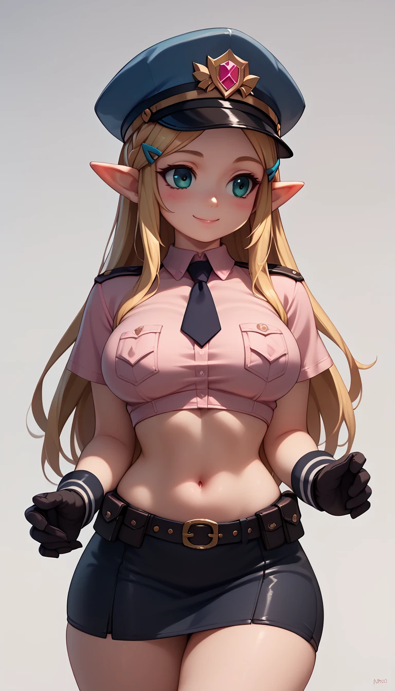 High resolution, Very detailed, perfect lighting, beautiful detailed eyes, ((masterpiece,Best Quality)), absurdities, alone, princess zelda, by the width, crown braid, Hair clip, pointy ears, Gloves without fingers, black gloves, smile, curves, nod, , deep neckline, deep neckline, y pink police costume, touching her bre a sexy way, se up, looking ahead, tight short skirt, pink cropped fitted shirt, police hat