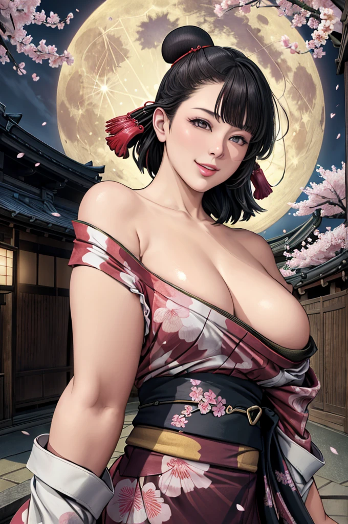 (Browsing Caution), (RAW Photos), (Realistic), (Photorealistic), Ultra-high resolution, masterpiece, Highest quality, Portraiture, facial Portraiture, Perfect lighting, Detailed lighting, Dramatic Shadows, Ray Tracing, Pure Eros Face_v1, Urzan-6500-v1.1, ((smile)), ((upper body:1.2)), ((random sexy pose)), looking at viewer, ((wearing a kimono)), ((off shoulders kimono:1.8)), ((in old Japanese street)), ((night)), ((full moon)), ((background with Cherry blossoms:1.2)), ((Japanese tattoo)),