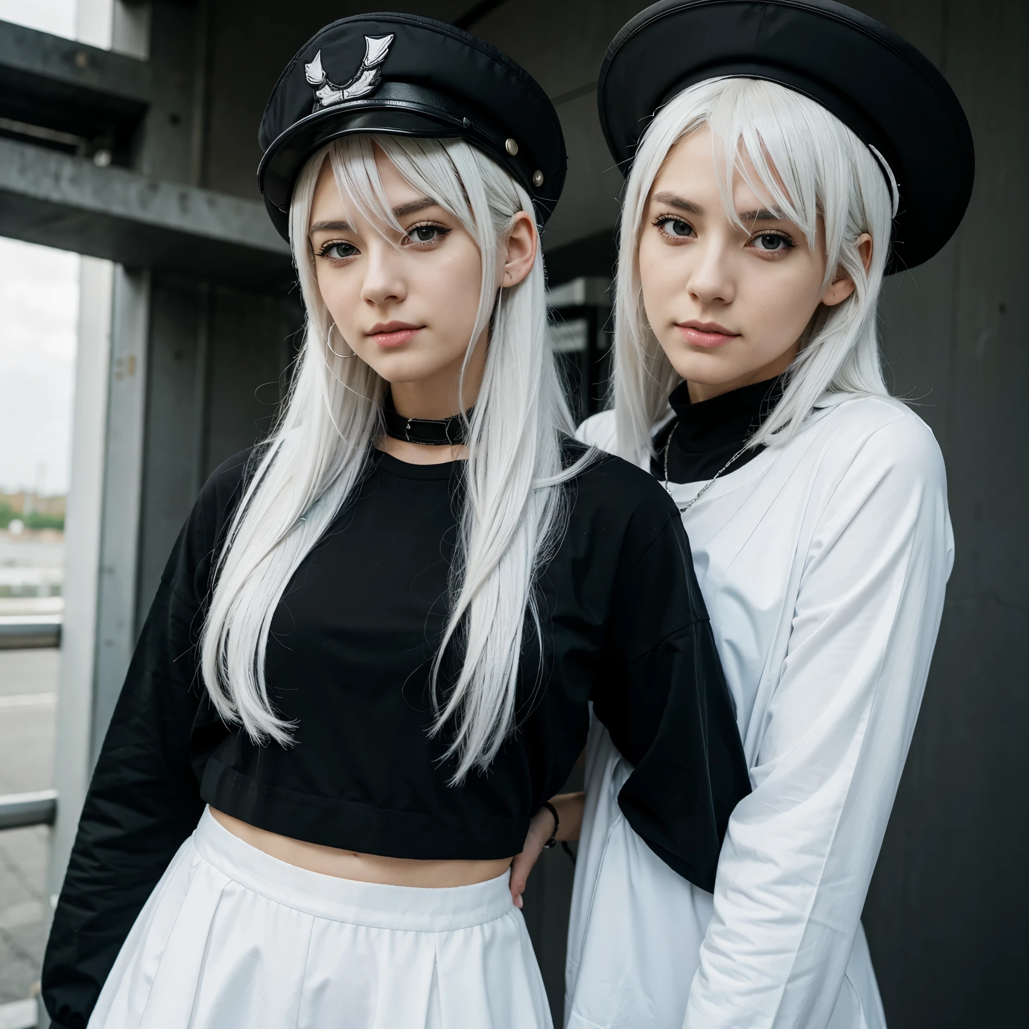 An anime girl with white hair and a black shirt with a black captain hat.