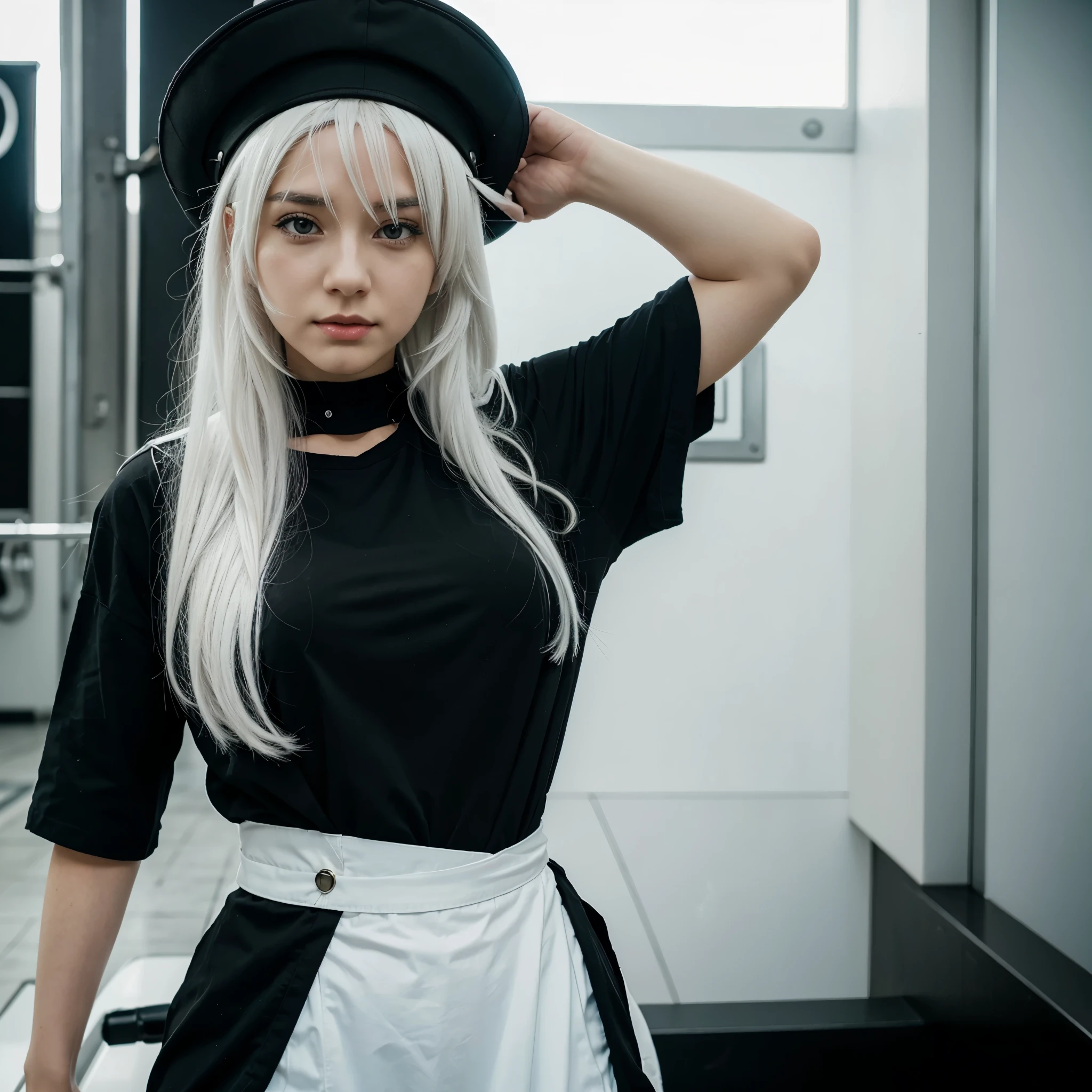 An anime girl with white hair and a black shirt with a black captain hat.