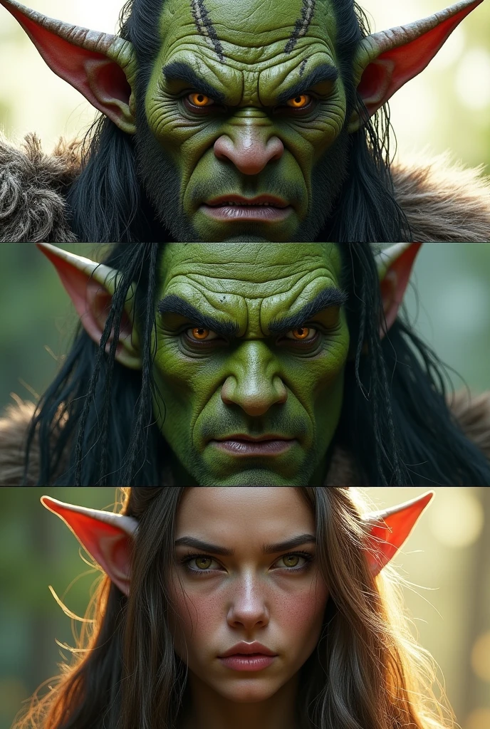 give me a human, arc, and olf with a 3 by 3 collage showing upper portion is a warrior human, middle is green rugged orc and lower is the long-haired elf with a sharp look