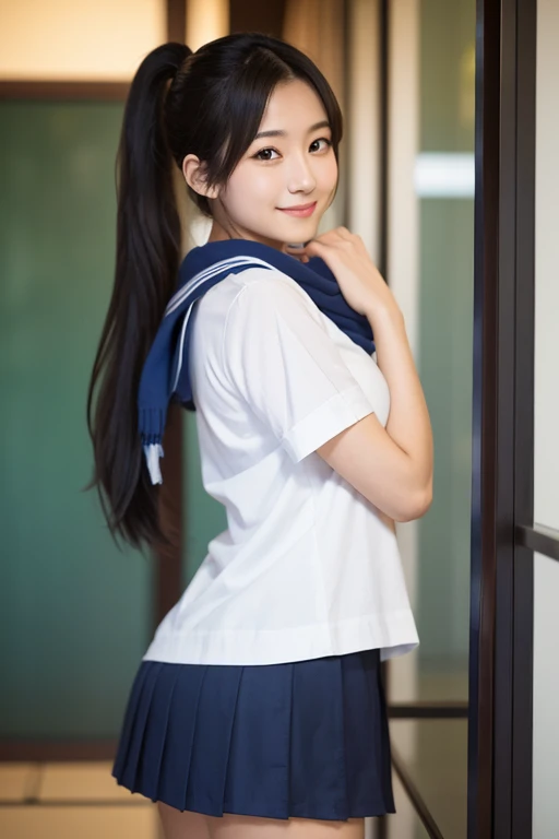 1 girl,beautiful, 18-year-old,Masterpiece, Highest quality, Saeko Matsushita,Japanese sexy actress,solo, High resolution, smile, Black Hair, Gaze, Long Hair, Super big breasts,The best goddess in Japan,slender,Kubire in the lower back,School,corridor,White Sailor Suit,Dark blue skirt,Light blue scarf,ponytail