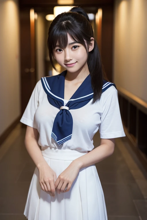 1 girl,beautiful, 18-year-old,Masterpiece, Highest quality, Saeko Matsushita,Japanese sexy actress,solo, High resolution, smile, Black Hair, Gaze, Long Hair, Super big breasts,The best goddess in Japan,slender,Kubire in the lower back,School,corridor,White Sailor Suit,Dark blue skirt,Light blue scarf,ponytail