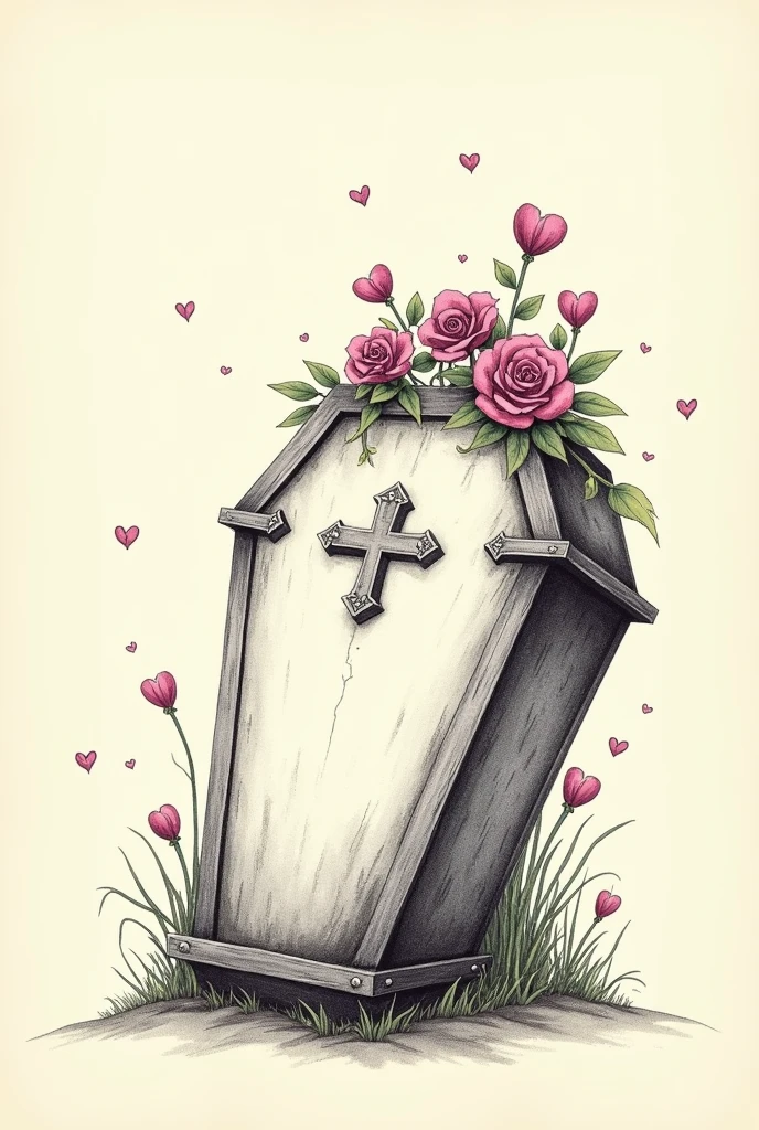 A drawing of a coffin on the left side with flowers and little hearts on top on a plain Tim Burton style background to one side of the image