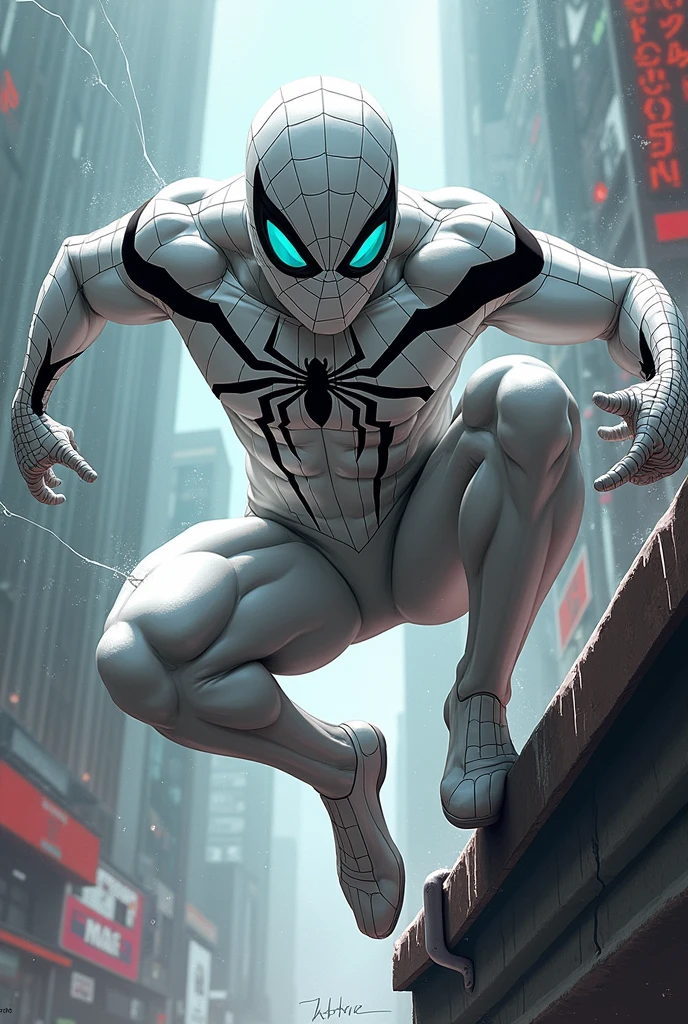 Spectacular Spiderman in white suit with turquoise eyes in comic style