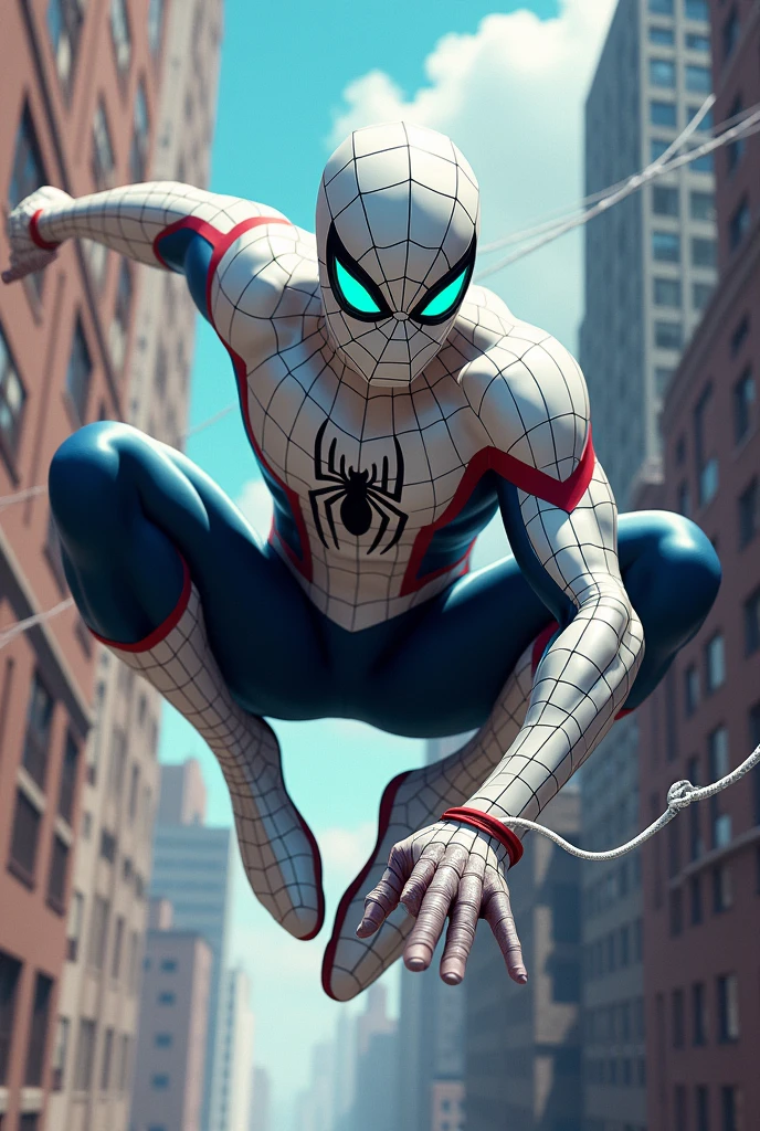 Spectacular Spiderman in white suit with turquoise eyes in comic style