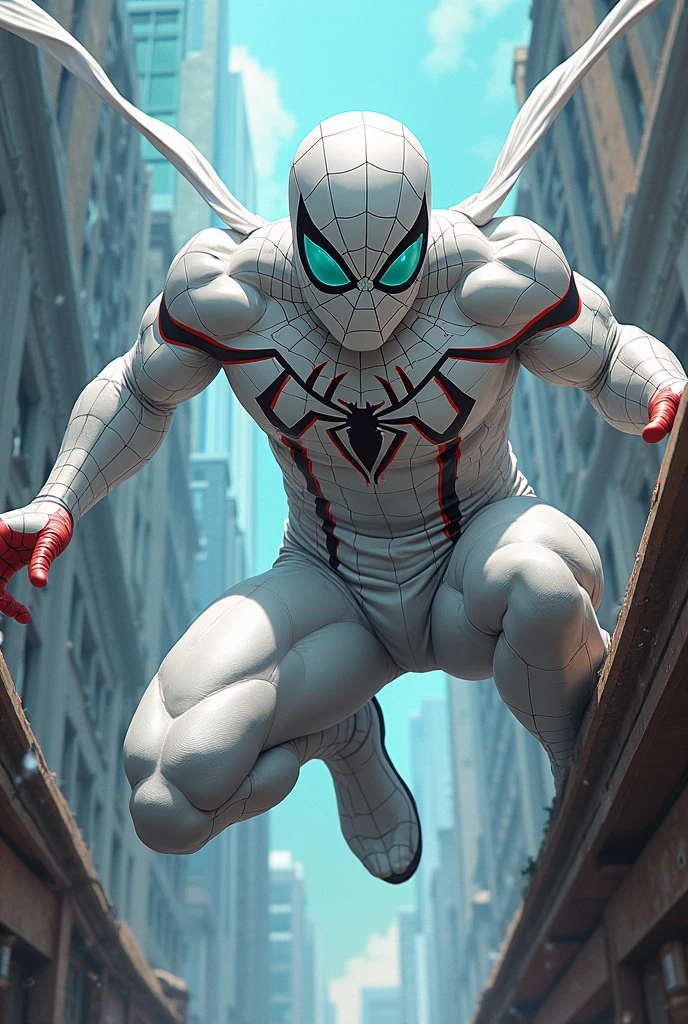 Spectacular Spiderman in white suit with turquoise eyes in comic style
