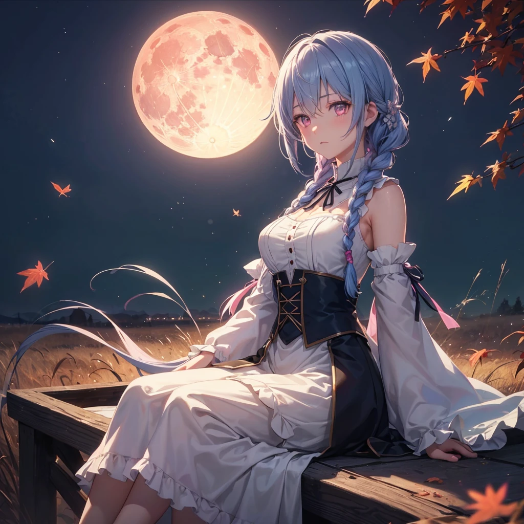 (Braiding),(Sky blue medium hair), (Pink eyes),(Fair skin) ,(whole body),(One Girl),(harvest moon),(A large amount of Miscanthus sinensis in the background),autumn,(full moon),(masterpiece, Highest quality, Very detailed, Best Shadow), (Detailed Background), (Beautifully detailed face), High Contrast, (Best lighting, Very delicate and beautiful), ((Cinematic Light)), Hyper Detail,8k, Dramatic Light, Intricate details,Maple