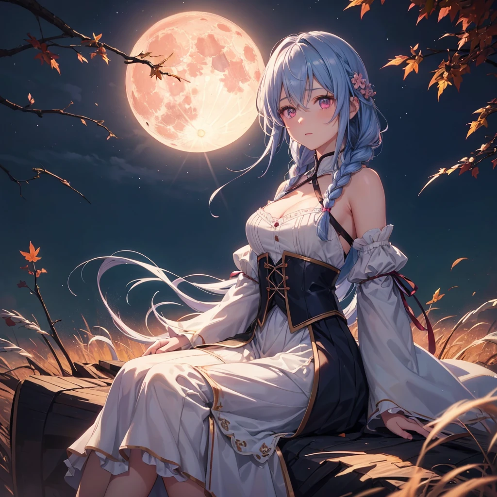(Braiding),(Sky blue medium hair), (Pink eyes),(Fair skin) ,(whole body),(One Girl),(harvest moon),(A large amount of Miscanthus sinensis in the background),autumn,(full moon),(masterpiece, Highest quality, Very detailed, Best Shadow), (Detailed Background), (Beautifully detailed face), High Contrast, (Best lighting, Very delicate and beautiful), ((Cinematic Light)), Hyper Detail,8k, Dramatic Light, Intricate details,Maple