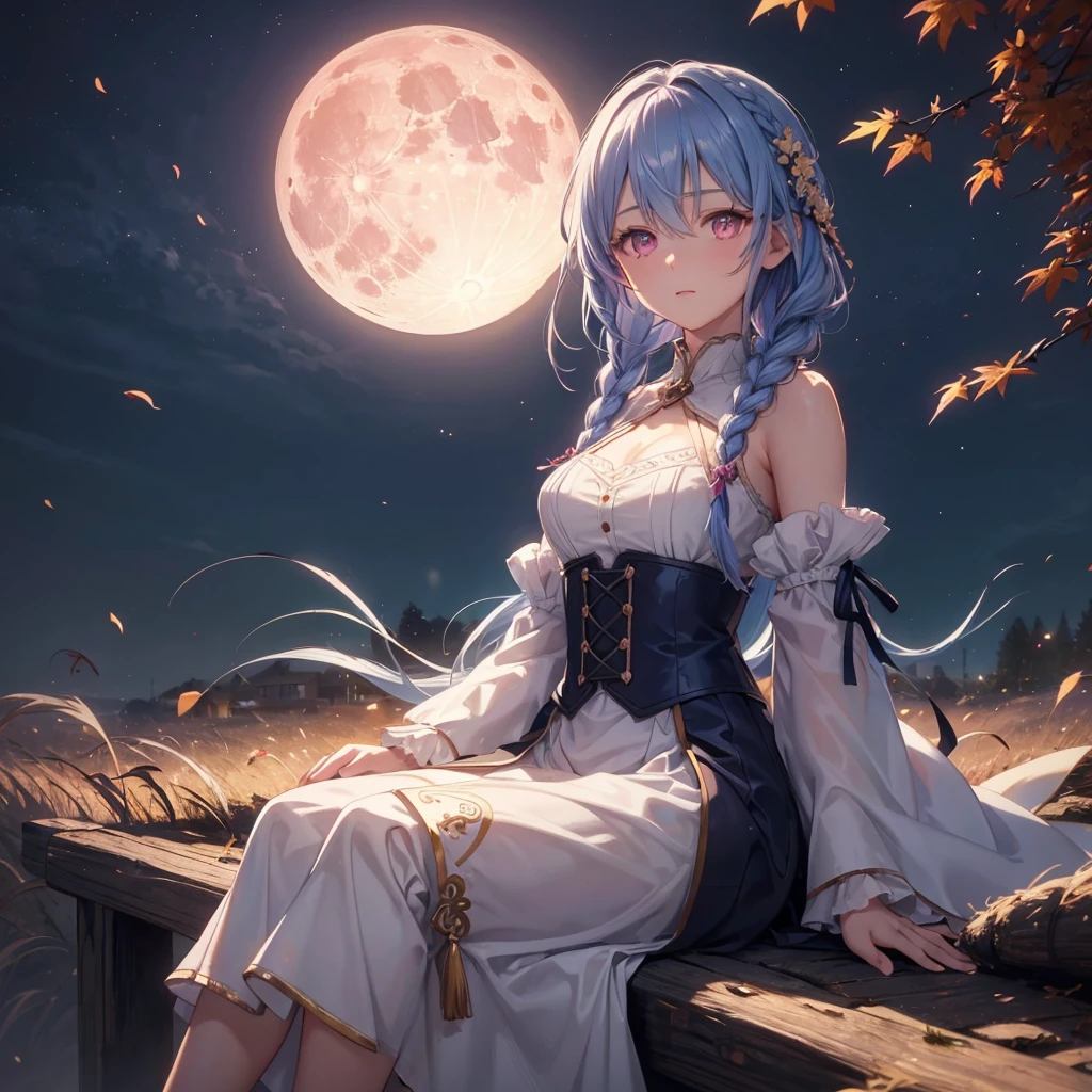 (Braiding),(Sky blue medium hair), (Pink eyes),(Fair skin) ,(whole body),(One Girl),(harvest moon),(A large amount of Miscanthus sinensis in the background),autumn,(full moon),(masterpiece, Highest quality, Very detailed, Best Shadow), (Detailed Background), (Beautifully detailed face), High Contrast, (Best lighting, Very delicate and beautiful), ((Cinematic Light)), Hyper Detail,8k, Dramatic Light, Intricate details,Maple