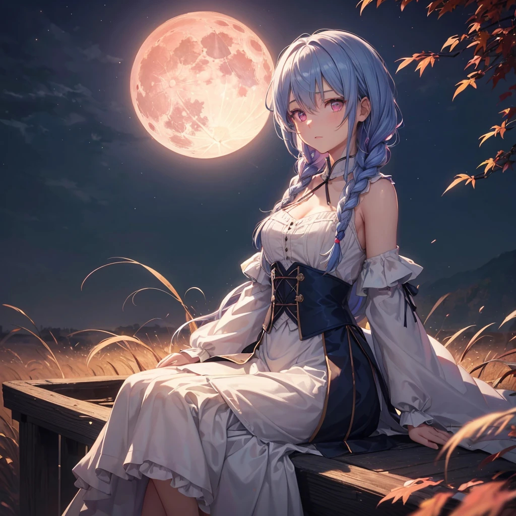 (Braiding),(Sky blue medium hair), (Pink eyes),(Fair skin) ,(whole body),(One Girl),(harvest moon),(A large amount of Miscanthus sinensis in the background),autumn,(full moon),(masterpiece, Highest quality, Very detailed, Best Shadow), (Detailed Background), (Beautifully detailed face), High Contrast, (Best lighting, Very delicate and beautiful), ((Cinematic Light)), Hyper Detail,8k, Dramatic Light, Intricate details,Maple