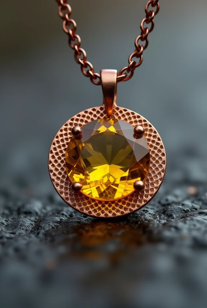 November Birthstone、10 carat transparent yellow topaz－Necklace、It is placed on a pure copper plate.、The background is gray, Surrealism, Verism, Fujicolor, cinematic lighting, UHD, accurate, super detail, masterpiece, high details, super detail, high quality, best quality, highres