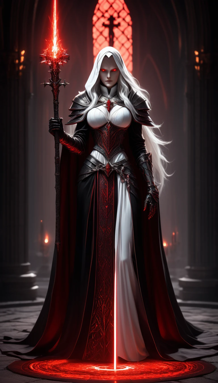 Masterpieces, female, red glowing eyes, long white hair, pale skin, vampire queen, Female pope, Sally Whitemane world of waracraft art, fantasy dark souls world end boss, elden ring, vampire, (wearing revealing armored priestess robe, Wearing a pope hat, (white, red and black color scheme), (wielding a staff with radiant red light, emanating potent red light magic),(action shot: hefting a sword), Background: a dark cathedral red and silver lighting. (Action shot: casting a spell), standing Next to a large red mirror, Background: a dark cathedral red and silver lighting. (Action shot: casting a spell), Full body shot, cinematic shot, volumetric lighting, intricate pattern detail, highly detailed