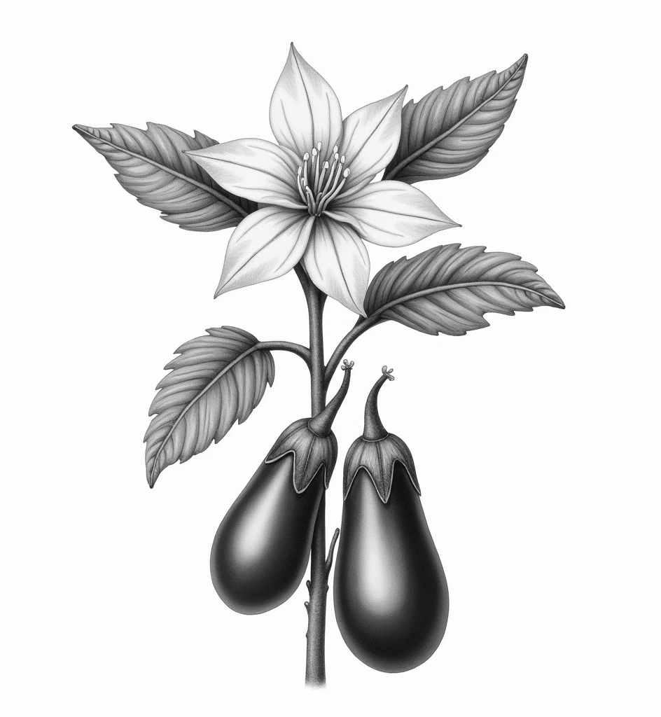 detailed, black and white botanical illustration of an eggplant plant. The image should prominently feature the plant's large leaves, a clearly defined flower, and two eggplants. The style should resemble a vintage botanical drawing with light line work and minimal black shading, focusing on capturing the delicate details of the flower and the natural elements without heavy shadows